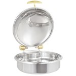 Vollrath 46121 6 Qt. Intrigue Solid Top Round Induction Chafer with Brass Trim and Stainless Steel Food Pan Vollrath 46121 6 Qt. Intrigue Solid Top Round Induction Chafer with Brass Trim and Stainless Steel Food Pan
