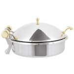 Vollrath 46121 6 Qt. Intrigue Solid Top Round Induction Chafer with Brass Trim and Stainless Steel Food Pan Vollrath 46121 6 Qt. Intrigue Solid Top Round Induction Chafer with Brass Trim and Stainless Steel Food Pan