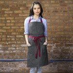 Uncommon Chef 3104 Pinstripe Customizable 100% Cotton Denim Rebel Bib Apron with Burgundy Webbing and 3 Pockets - 34