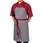 Uncommon Chef 3104 Pinstripe Customizable 100% Cotton Denim Rebel Bib Apron with Burgundy Webbing and 3 Pockets - 34