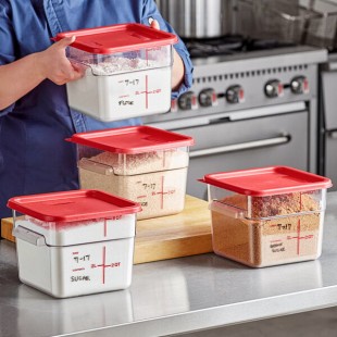 Vigor 6 Qt. Clear Square Polycarbonate Food Storage Container and Red Lid - 6/Pack Vigor 6 Qt. Clear Square Polycarbonate Food Storage Container and Red Lid - 6/Pack