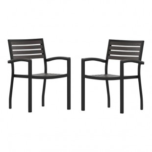 Flash Furniture Lark Gray Wash Faux Teak Slat Stackable Arm Chair - 2/Set Flash Furniture Lark Gray Wash Faux Teak Slat Stackable Arm Chair - 2/Set