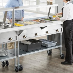 ServIt Four Pan Open Well Electric Steam Table with Angled Sneeze Guard and Casters - 120V, 2000W ServIt Four Pan Open Well Electric Steam Table with Angled Sneeze Guard and Casters - 120V, 2000W
