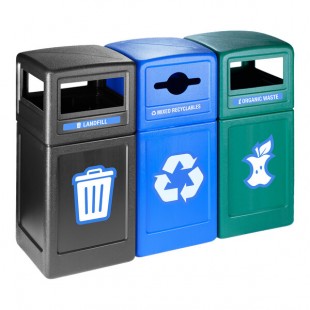 Commercial Zone Polytec 73247399 126 Gallon 3-Stream Polyethylene Square Landfill / Recycling / Compost Bins with Dome Top Lids