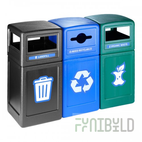 Commercial Zone Polytec 73247399 126 Gallon 3-Stream Polyethylene Square Landfill / Recycling / Compost Bins with Dome Top Lids