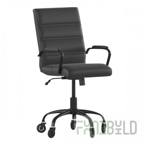Flash Furniture Camilia Black LeatherSoft Mid-Back Swivel Office Chair with Black Frame, Arms, and Roller Wheels