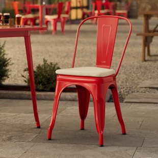 Lancaster Table & Seating Alloy Ruby Red Outdoor Cafe Chair with Tan Fabric Magnetic Cushion