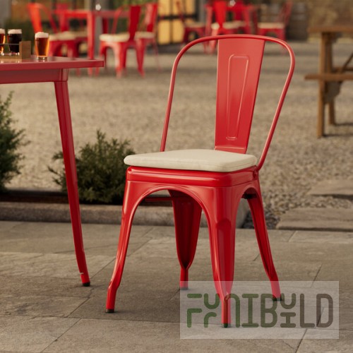 Lancaster Table & Seating Alloy Ruby Red Outdoor Cafe Chair with Tan Fabric Magnetic Cushion