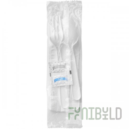 Fineline ReForm Wrapped White Plastic Flatware and Utensils Kit with Napkin and Salt and Pepper Packets - 250/Case