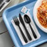 Fineline ReForm Wrapped Black Plastic Flatware and Utensils Kit with Napkin and Salt and Pepper Packets - 250/Case Fineline ReForm Wrapped Black Plastic Flatware and Utensils Kit with Napkin and Salt and Pepper Packets - 250/Case