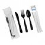 Fineline ReForm Wrapped Black Plastic Flatware and Utensils Kit with Napkin and Salt and Pepper Packets - 250/Case Fineline ReForm Wrapped Black Plastic Flatware and Utensils Kit with Napkin and Salt and Pepper Packets - 250/Case