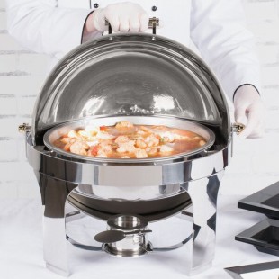 Vollrath 46070 6 Qt. New York, New York Roll Top Round Chafer with Brass Trim