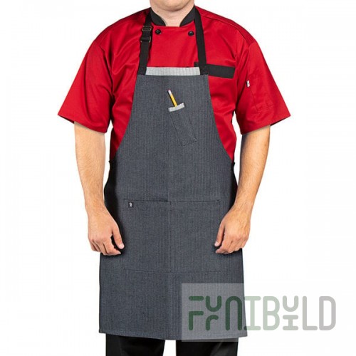 Uncommon Chef 3128 Zig Zag Customizable Denim Surge Bib Apron with Black Webbing and 3 Pockets - 34