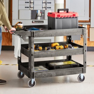 Lavex Large Black 3-Shelf Utility Cart with Premium Handle and Built-In Tool Compartments - 46 3/4