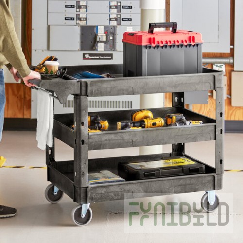Lavex Large Black 3-Shelf Utility Cart with Premium Handle and Built-In Tool Compartments - 46 3/4