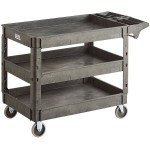 Lavex Large Black 3-Shelf Utility Cart with Premium Handle and Built-In Tool Compartments - 46 3/4