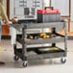 Lavex Large Black 3-Shelf Utility Cart with Premium Handle and Built-In Tool Compartments - 46 3/4