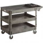 Lavex Large Black 3-Shelf Utility Cart with Premium Handle and Built-In Tool Compartments - 46 3/4