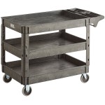 Lavex Large Black 3-Shelf Utility Cart with Premium Handle and Built-In Tool Compartments - 46 3/4
