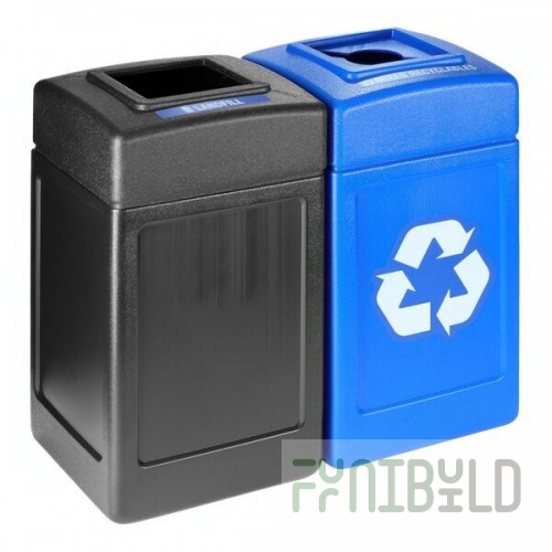 Commercial Zone Polytec 74631299 84 Gallon 2-Stream Polyethylene Square Landfill / Recycling Bins with Open Top Lids