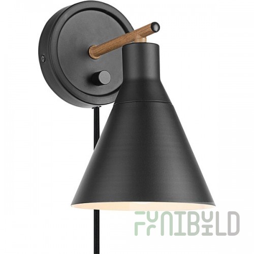 Globe Bohemian Chic Matte Black / Faux Walnut Plug-In or Hardwire Wall Sconce - 120V, 60W