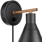 Globe Bohemian Chic Matte Black / Faux Walnut Plug-In or Hardwire Wall Sconce - 120V, 60W Globe Bohemian Chic Matte Black / Faux Walnut Plug-In or Hardwire Wall Sconce - 120V, 60W