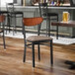 Lancaster Table & Seating Boomerang Black Finish Chair with Taupe Vinyl Seat and Antique Walnut Wood Back Lancaster Table & Seating Boomerang Black Finish Chair with Taupe Vinyl Seat and Antique Walnut Wood Back