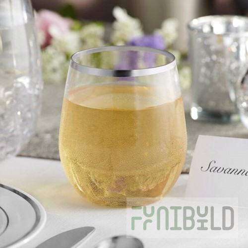 Visions Dynasty 12 oz. Clear Plastic Stemless Wine Glass with Silver Rim - 64/Case