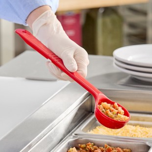 Carlisle 396105 Measure Misers 2 oz. Red Acetal Long Handle Perforated Portion Spoon