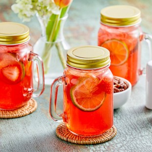 Acopa Rustic Charm 16 oz. Drinking Jar / Mason Jar with Handle and Gold Metal Lid - 12/Case
