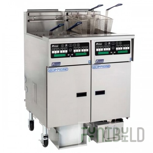 Pitco® SSHLV14TC-2/FDP Solstice Natural Gas 64 lb. Reduced Oil Volume / High Output 2 Unit Split Pot Fryer System with Intellifry Computer Controls and Push Button Top Off - 148,000 BTU