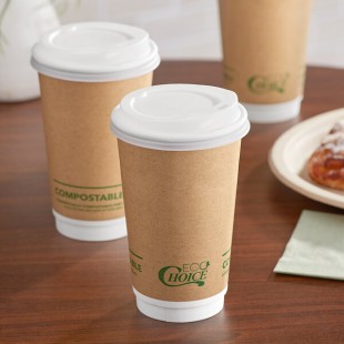 EcoChoice 16 oz. Smooth Double Wall Kraft Compostable Paper Hot Cup and PLA Lid - 50/Case