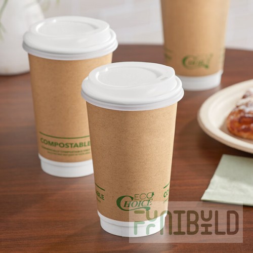 EcoChoice 16 oz. Smooth Double Wall Kraft Compostable Paper Hot Cup and PLA Lid - 50/Case