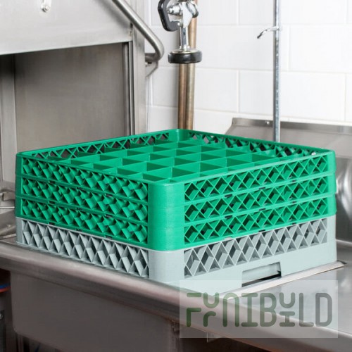 Noble Warewashing 36-Compartment Gray Full-Size Glass Rack with 3 Green Extenders