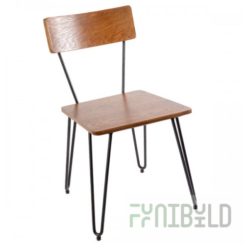 BFM Seating NV Side Chair with Sand Black Steel Wire Frame and Autumn Ash Veneer Wood Seat and Back