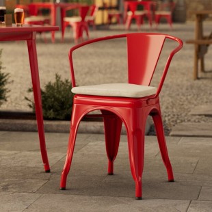 Lancaster Table & Seating Alloy Ruby Red Outdoor Arm Chair with Tan Fabric Magnetic Cushion