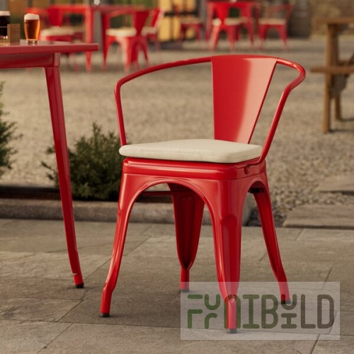 Lancaster Table & Seating Alloy Ruby Red Outdoor Arm Chair with Tan Fabric Magnetic Cushion