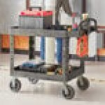 Lavex Large Black 2-Shelf Utility Cart with Ergonomic Handle, Built-In Tool Compartments, and Oversized Wheels - 43 1/8 Lavex Large Black 2-Shelf Utility Cart with Ergonomic Handle, Built-In Tool Compartments, and Oversized Wheels - 43 1/8