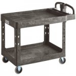 Lavex Large Black 2-Shelf Utility Cart with Ergonomic Handle, Built-In Tool Compartments, and Oversized Wheels - 43 1/8 Lavex Large Black 2-Shelf Utility Cart with Ergonomic Handle, Built-In Tool Compartments, and Oversized Wheels - 43 1/8