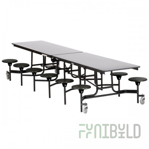 National Public Seating MTS12-PWTMPC 12' Mobile Plywood Cafeteria Table with Black Powder Coated Frame, T-Molding Edge, and 12 Stools