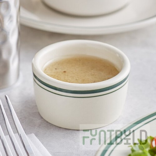 Acopa 2 oz. Ivory (American White) Stoneware Ramekin with Green Bands - 48/Case