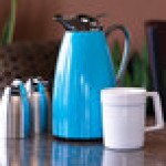 Service Ideas Classy 33.8 oz. Blue Powder-Coated Stainless Steel Insulated Coffee Carafe / Server with Push-Button Lid CJZS1BLU