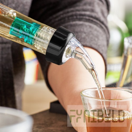 TableCraft 0.75 oz. Clear Spout / Green Tail Measured Liquor Pourer with Collar 4243A - 12/Pack