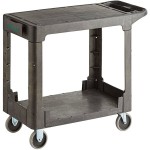 Choice Medium Black 2-Shelf Utility Cart with Flat Top and Built-In Tool Compartment - 38