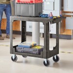 Choice Medium Black 2-Shelf Utility Cart with Flat Top and Built-In Tool Compartment - 38
