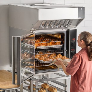 Moffat E32D5-2P Turbofan Single Deck Full Size Electric Digital Convection Oven with Steam Injection, Ventless Hood, and Stainless Steel Stand - 208V, 1 Phase, 5.8 kW