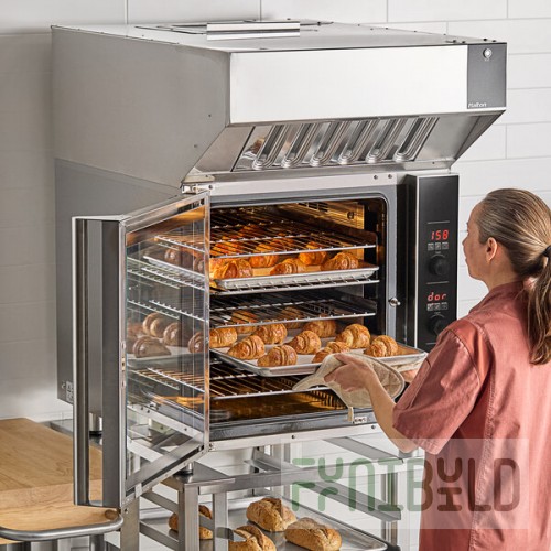 Moffat E32D5-2P Turbofan Single Deck Full Size Electric Digital Convection Oven with Steam Injection, Ventless Hood, and Stainless Steel Stand - 208V, 1 Phase, 5.8 kW