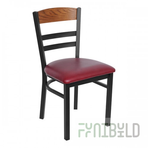 BFM Seating Barrick Sand Black Steel Side Chair with Autumn Ash Wood Back Panel and Burgundy Vinyl Seat