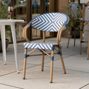 Lancaster Table & Seating Bistro Navy and White Chevron Weave Rattan Outdoor Arm Chair Lancaster Table & Seating Bistro Navy and White Chevron Weave Rattan Outdoor Arm Chair