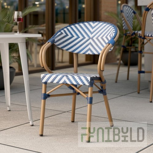 Lancaster Table & Seating Bistro Navy and White Chevron Weave Rattan Outdoor Arm Chair